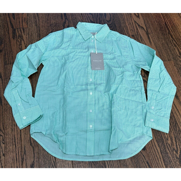 NWT Everlane The Silky Cotton Mint Green White Stripe Button Down Shirt Size 2 - Picture 4 of 11